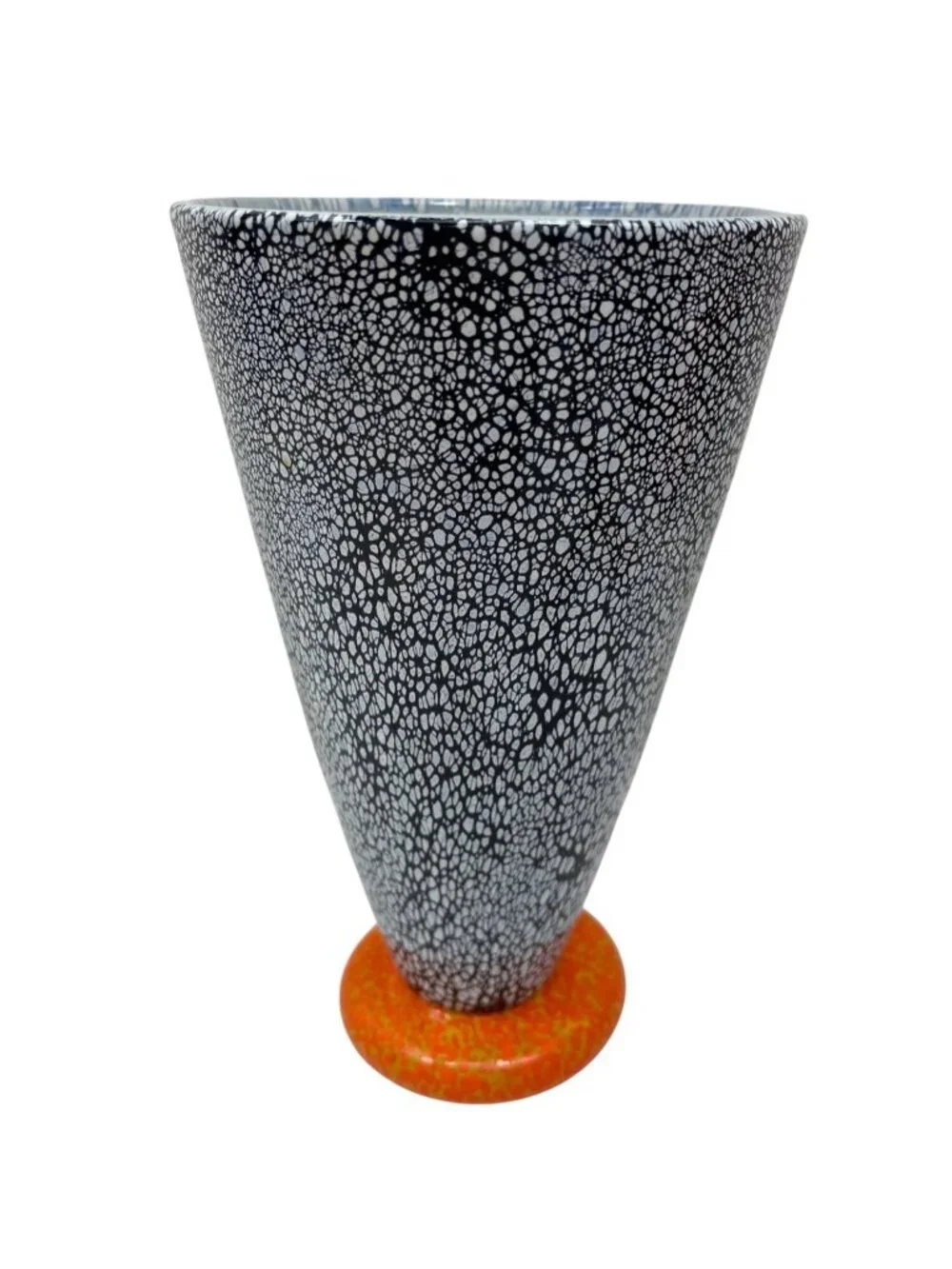 Black & White Spotted Glass Vase Orange Base 12 Inches Tall Unique Cracked Desig